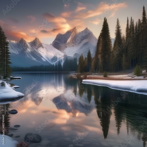 A peaceful mountain landscape with snow-capped peaks and a calm lake Majestic natural scenery4