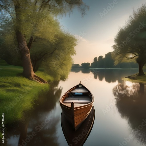 A tranquil river scene with a wooden boat, overhanging trees, and a sense of calm Peaceful and idyllic waterside setting5 photo