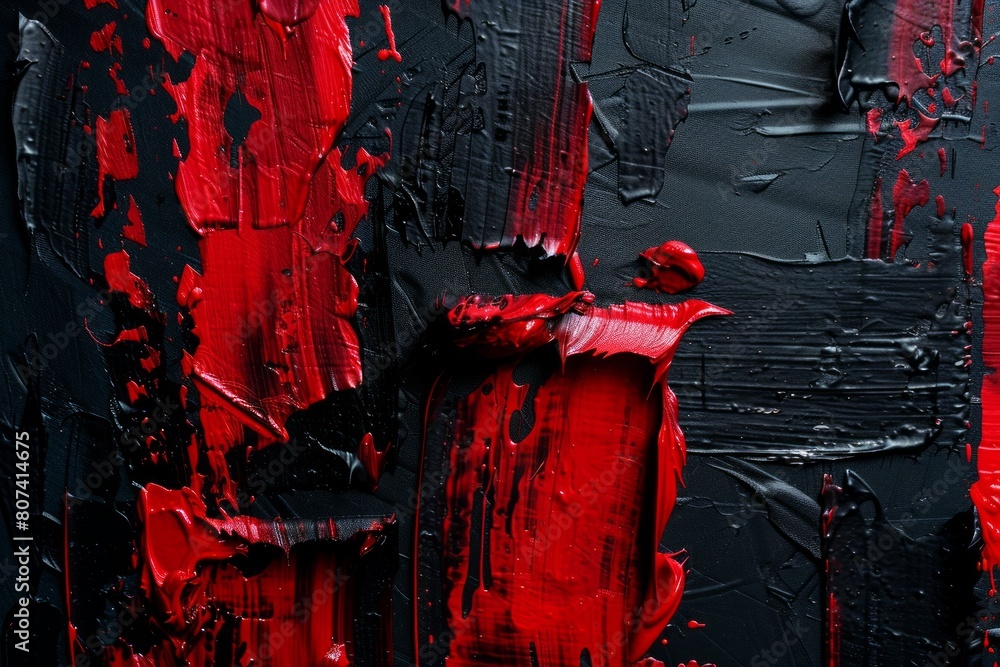 Naklejka premium Crimson Enigma: A Woman's Face Painted in Striking Shades of Red and Black.