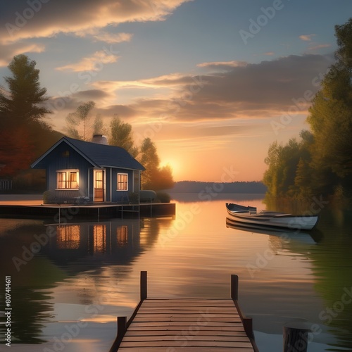 A peaceful lakeside cottage with a dock, rowboat, and a view of the sunset Tranquil and idyllic waterside retreat5