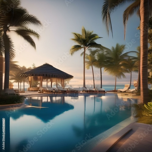 A luxurious beach resort with palm trees, cabanas, and a view of the ocean Relaxing and indulgent seaside retreat5