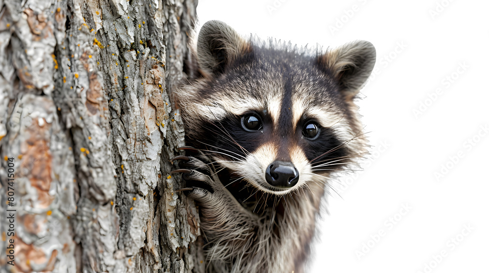 Raccoon peeking from a tree isolated on a transparent background, PNG, Ai Raccoon peeking from a tree isolated on a transparent background, PNG, Ai