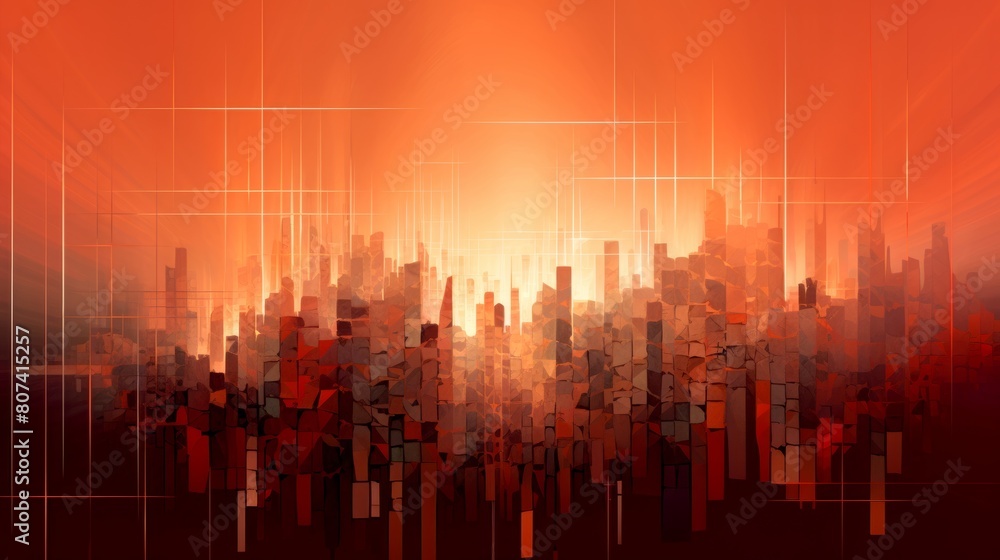 Very abstract, stylized cityscape illustration in tone-on-tone red - sunset, volcano or maybe apocalypse