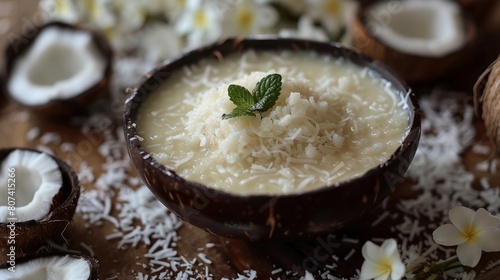 coconut dessert, delicious coconut milk pudding made with sugar, agar-agar for a sweet, creamy flavor photo