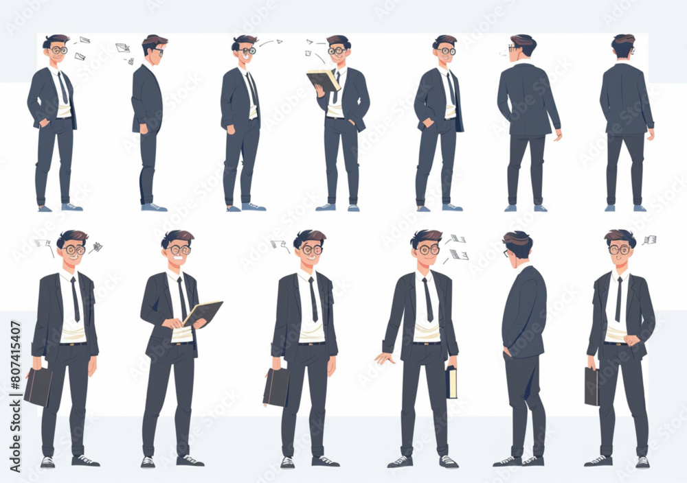 30 year old male teacher character design sheet multiple poses, facial expressions and body movements , flat vector illustration with white background, wearing suit jacket,