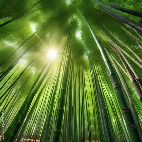A tranquil bamboo forest with sunlight filtering through the canopy Serene and peaceful natural environment1