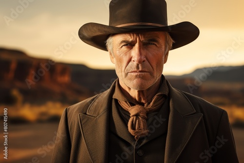 Rugged cowboy in western landscape at sunset