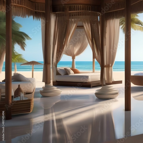 A luxurious beach resort with palm trees  cabanas  and a view of the ocean Relaxing and indulgent vacation destination3