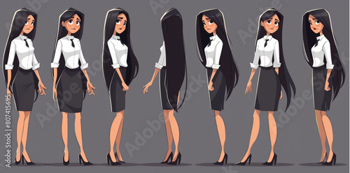 30 year old woman character  multiple poses and expressions  office lady with black pants  white shirt