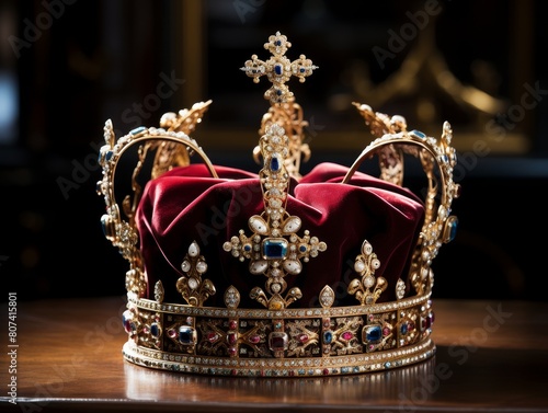 Ornate royal crown with jewels and velvet