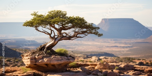 Resilient tree growing on rocky outcrop with mountain landscape in background photo