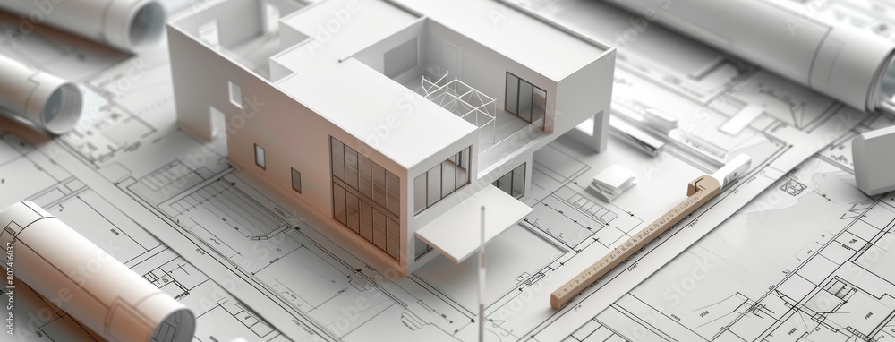 3D illustration of an interior design drawing with a white model apartment on construction paper, using a compass and pencil in the style of blueprints and technical drawings. 3D illustration of an interior design drawing with a white model apartment on construction paper, using a compass and pencil in the style of blueprints and technical drawings.