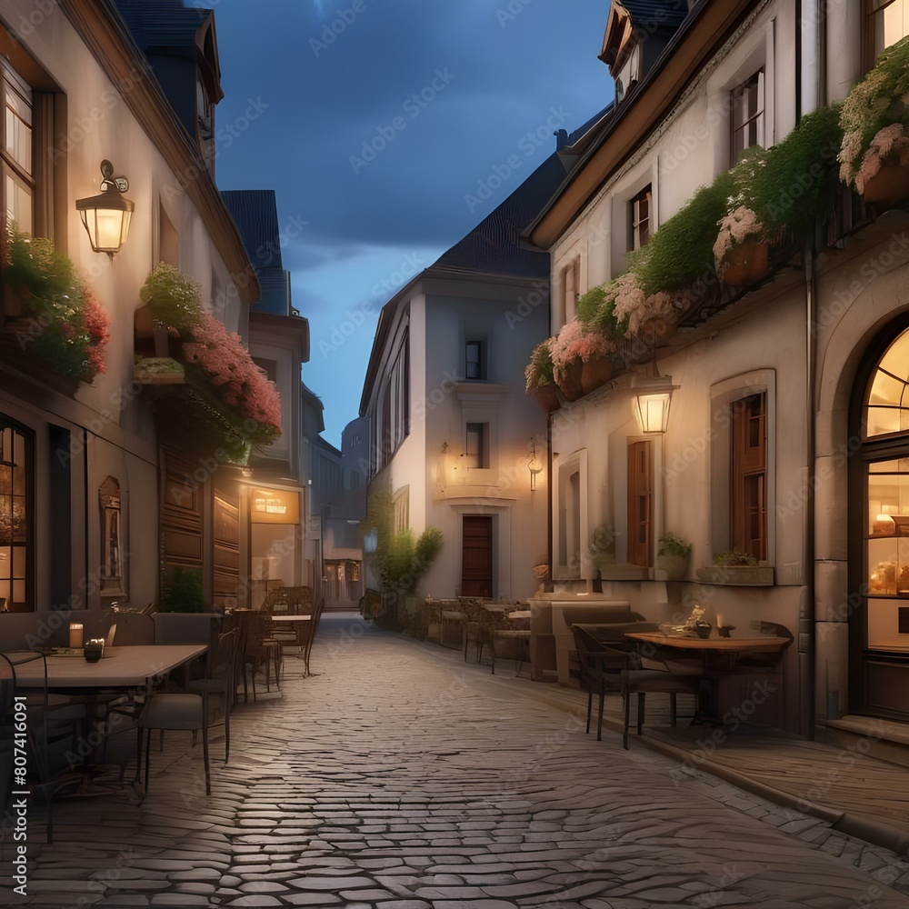 Obraz premium A charming cobblestone street in a historic European town, lined with cafes and shops Old-world charm and beauty4