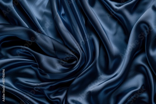 Beautiful dark blue silk satin background. Soft folds on shiny fabric. Luxury background with copy space for text, design. Web banner. Flat lay, top view table.Birthday, Christmas - generative ai