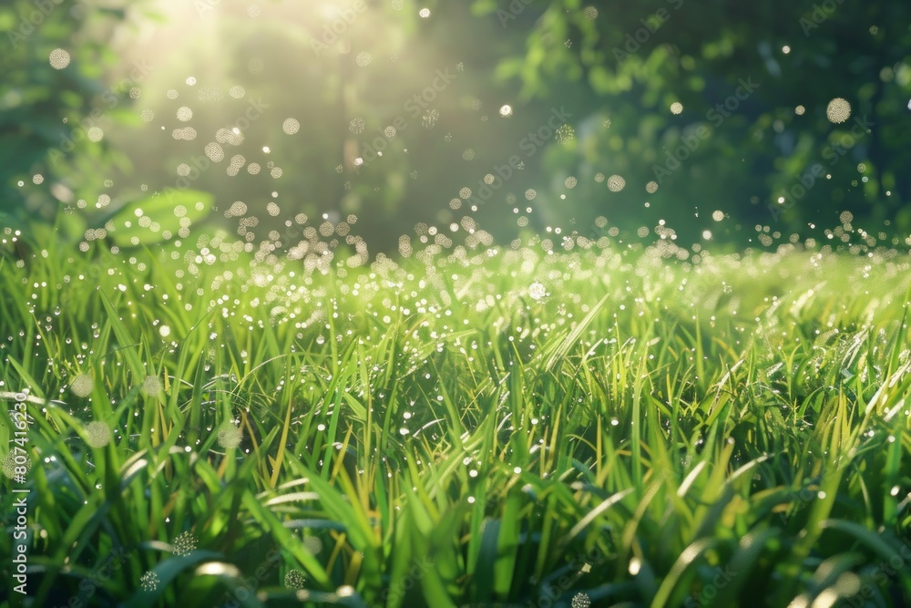 Obraz premium Nature's Afterglow: A Rain-Kissed Field of Grass, Sunlight Streaming Through the Trees.