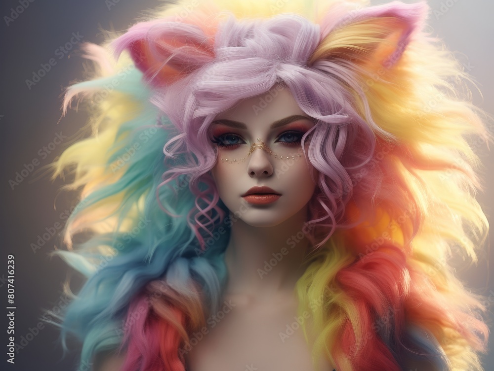 Vibrant and whimsical portrait of a person with colorful hair