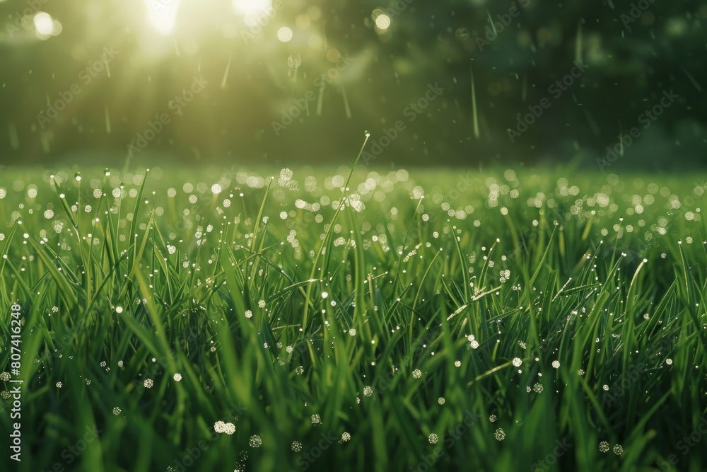 A field of grass is wet from rain and the sun is shining through the trees A field of grass is wet from rain and the sun is shining through the trees