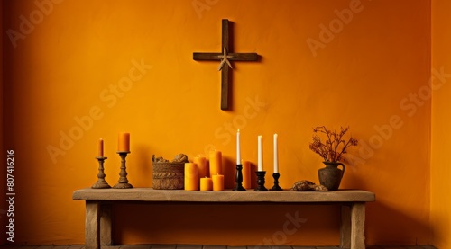 religious altar with cross, candles, and decorations photo