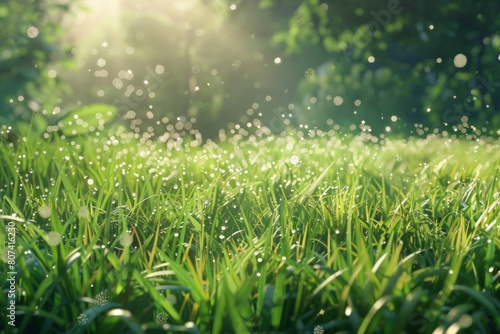 Nature's Afterglow: A Rain-Kissed Field of Grass, Sunlight Streaming Through the Trees.