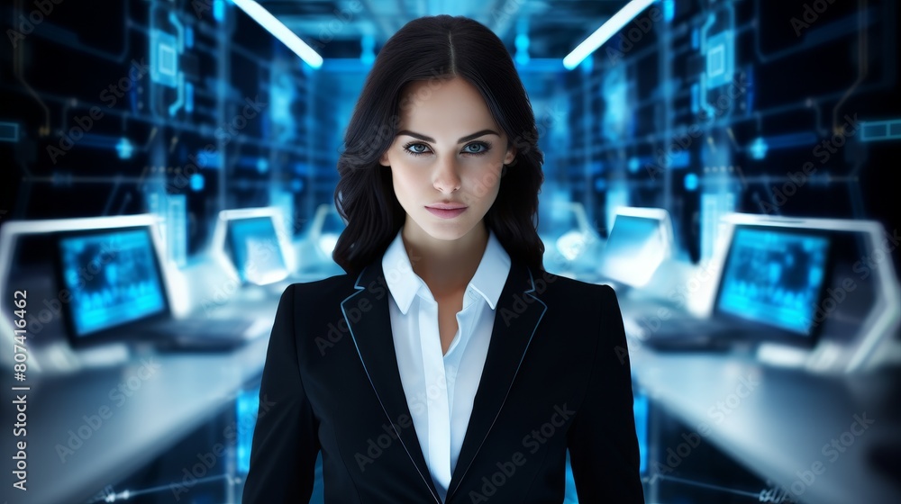 confident woman in futuristic tech environment confident woman in futuristic tech environment