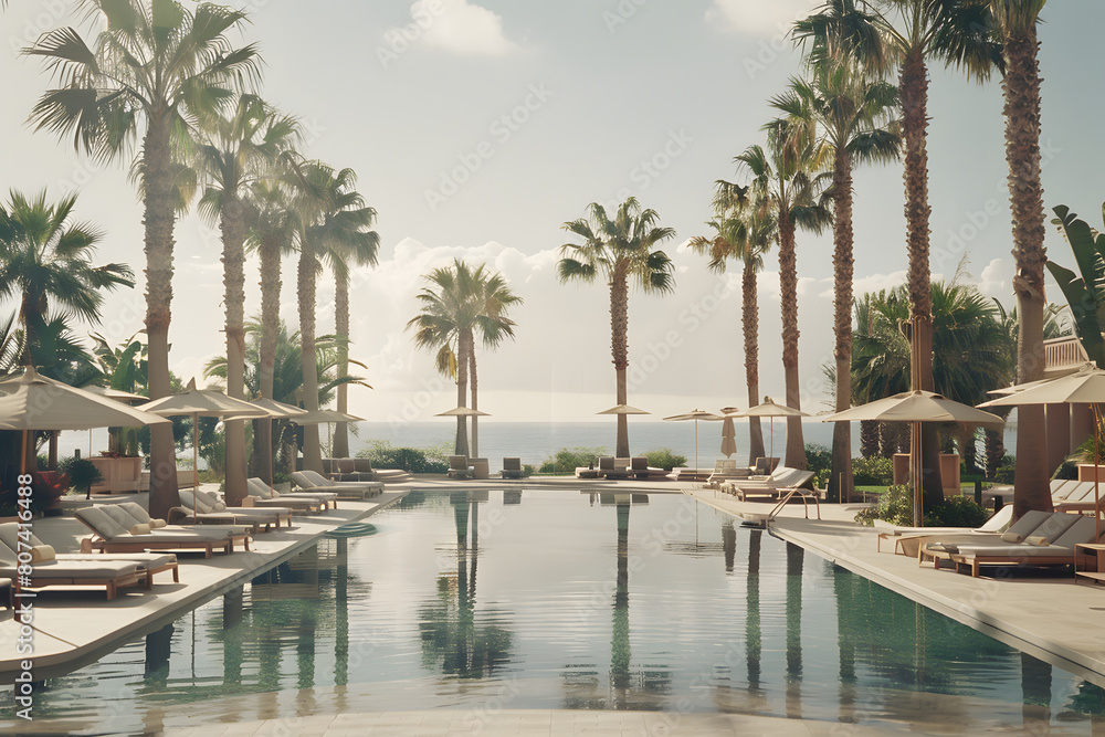 Swimming pool and sun loungers at stylish tropical hotel, summertime banner mockup. Summer travel sales and vacation concept. Swimming pool and sun loungers at stylish tropical hotel, summertime banner mockup. Summer travel sales and vacation concept.