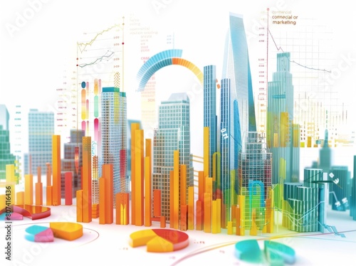 3D illustration of financial data and business graph with skyscraper  on white background.