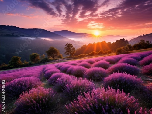 Stunning lavender field at sunset in the mountains