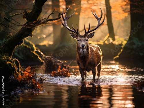 Majestic deer standing in autumn forest stream