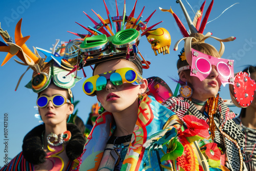 Crazy fashionable bright outfit. Models in bright clothes and funny glasses