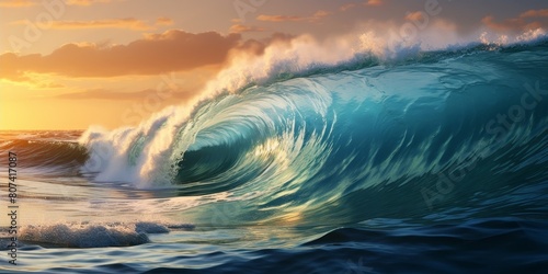 Powerful ocean wave crashing at sunset © Balaraw