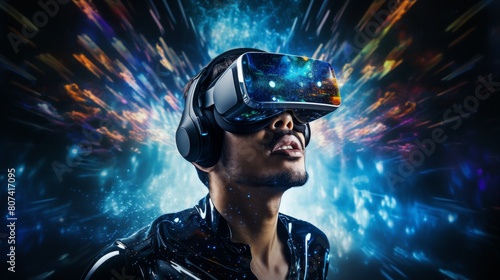 man experiencing virtual reality with futuristic headset