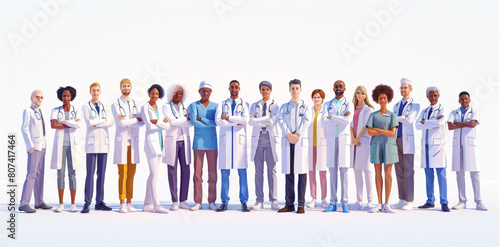  A picture of a multiracial medical care international team with doctors and nurses standing in front view on a white background
