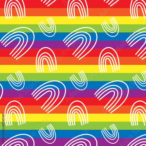 LGBT Pride Month in June. Lesbians, gays, bisexuals, transsexuals. LGBT flag. Rainbow love concept. Human rights and tolerance. Poster, card, banner, background. Vector illustration, seamless pattern.