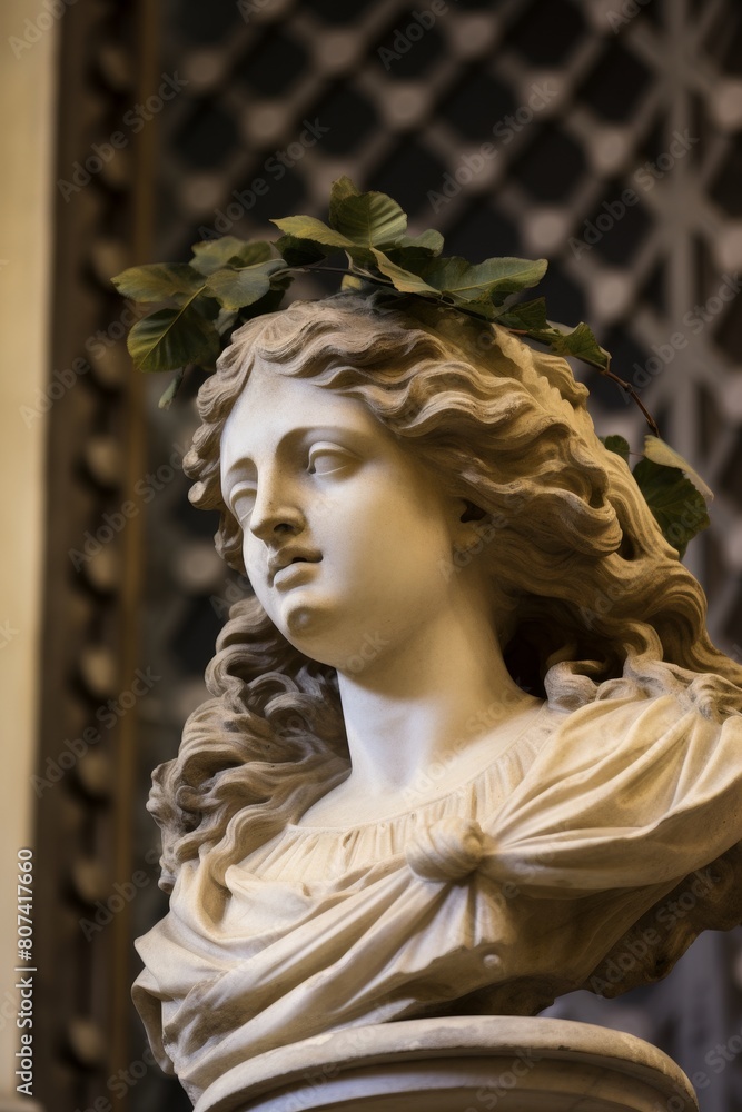 Ornate marble statue with floral crown