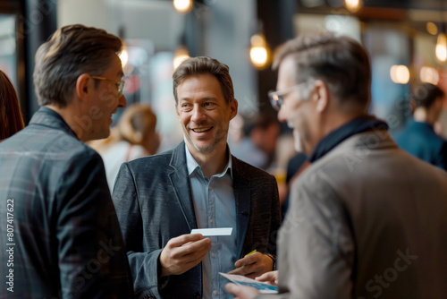 A professional networking scene captures a group of businessmen in smart suits engaged in a conversation over drinks at an upscale indoor venue.