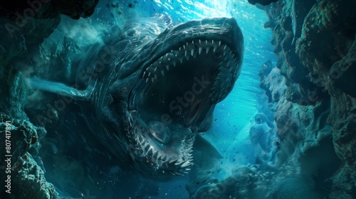 giant leviathan sea monster with open mouth under the sea in high resolution photo
