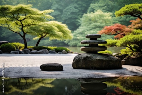 Serene Japanese garden with zen rock formation