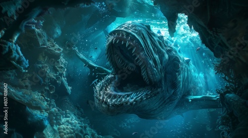 giant leviathan sea monster with open mouth under the sea in high resolution and quality photo