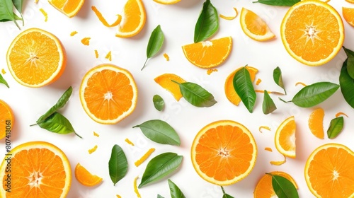 Lots of tasty Sicilian oranges and green leaves falling on white background