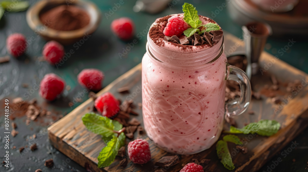 food styling, aesthetic raspberry milkshake in a mason jar, topped with mint leaves and a hint of cocoa visually enticing food styling, aesthetic raspberry milkshake in a mason jar, topped with mint leaves and a hint of cocoa visually enticing