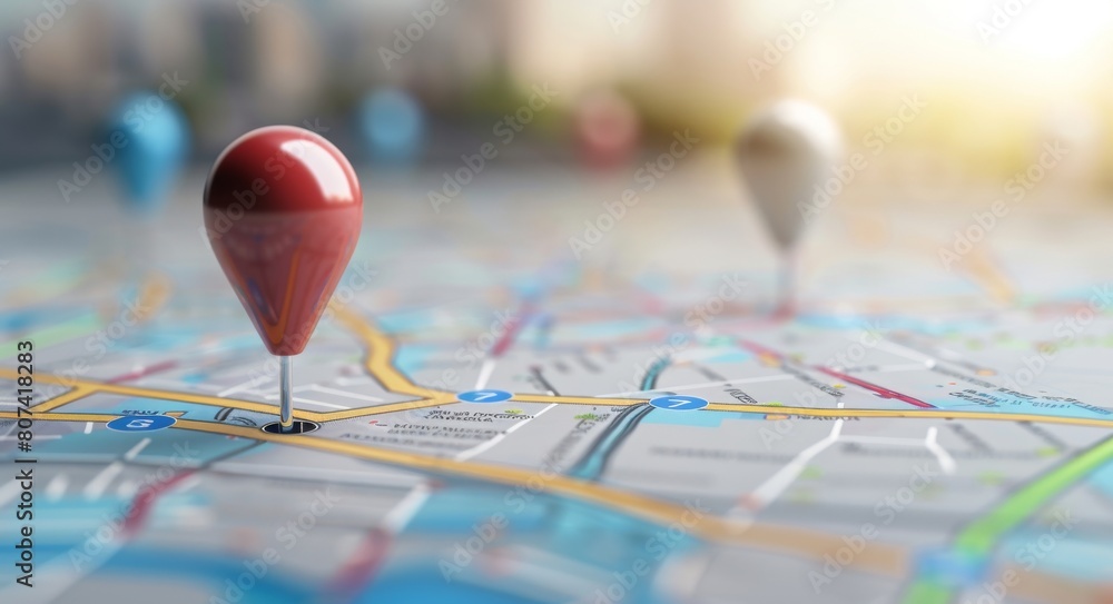 3D map with pins, location search concept on white background. 3D map with pins, location search concept on white background.