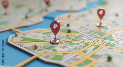 3D map with pins, location search concept on white background.