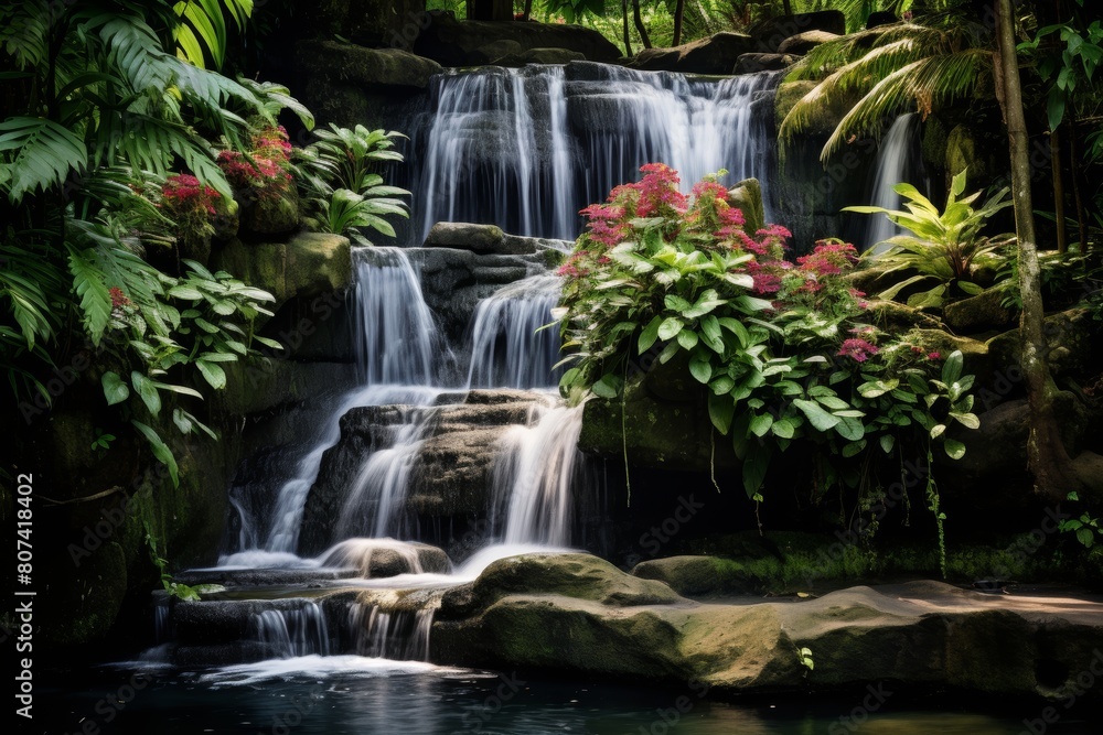 Lush tropical waterfall and garden landscape
