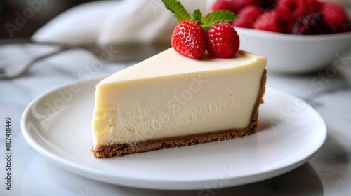 Slice of cheesecake on a white plate closeup shot