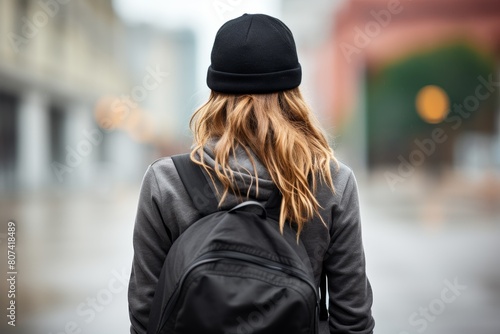 young woman in black hat walking on city street