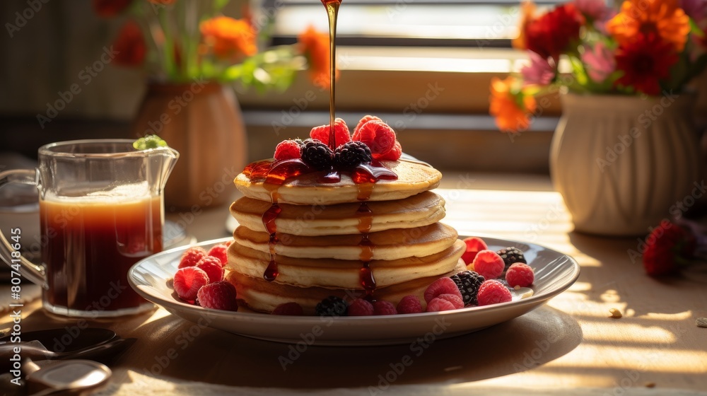 Delicious stack of pancakes with fresh berries and maple syrup