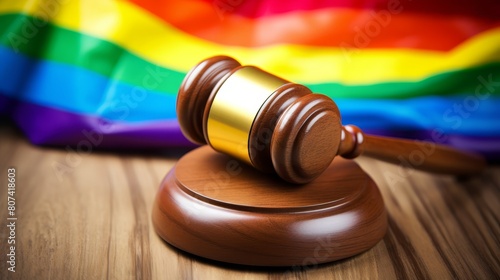 Gavel and rainbow flag on wooden table