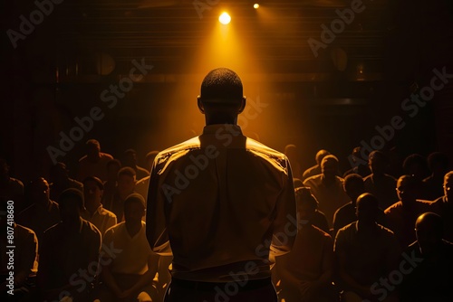 Bold yellowtinged cinematic portrait of a driven innovator illuminated by a single spotlight amid the darkened room of onlookers photo