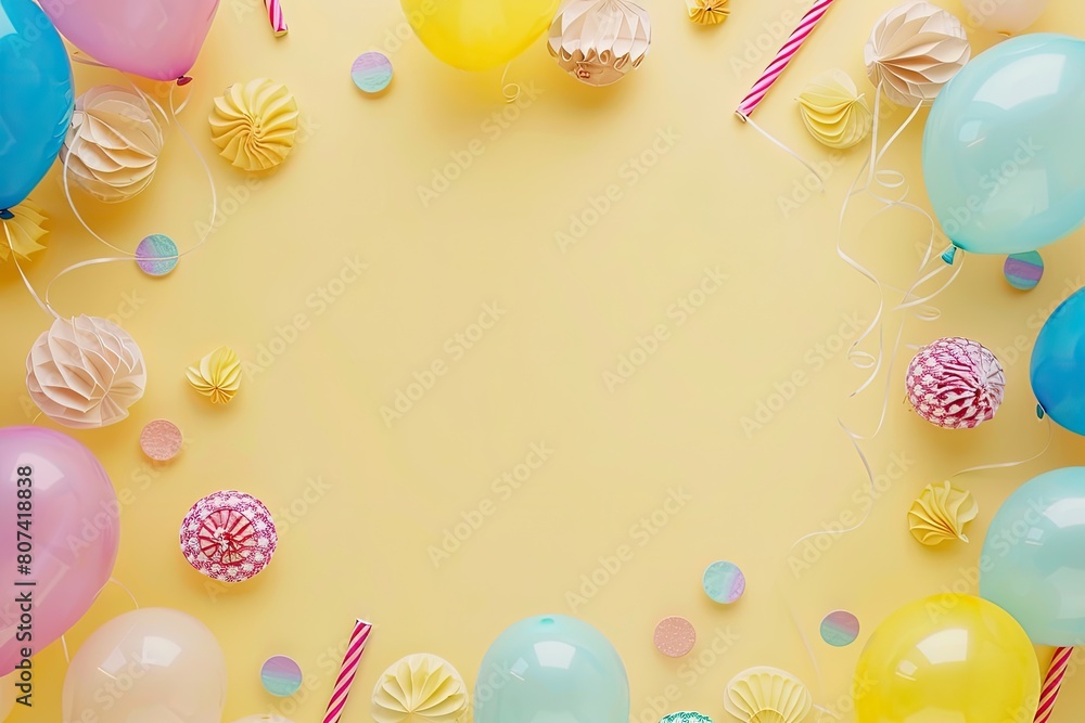 Festive Birthday Celebration: Top View Frame of Balloons and Party Decorations on Pastel Yellow Background Festive Birthday Celebration: Top View Frame of Balloons and Party Decorations on Pastel Yellow Background