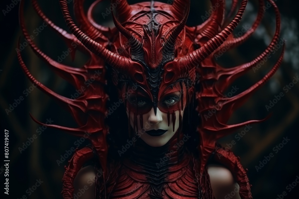 Demonic fantasy creature with horns and dark makeup